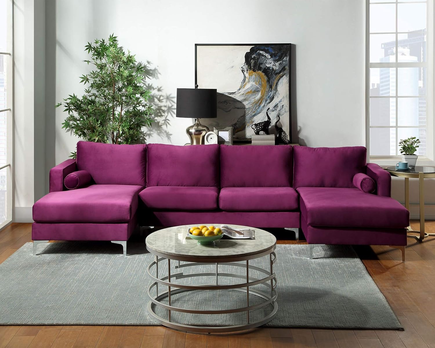 Sectional Sofa Sets Modern Elegant Velvet with Two Pillows