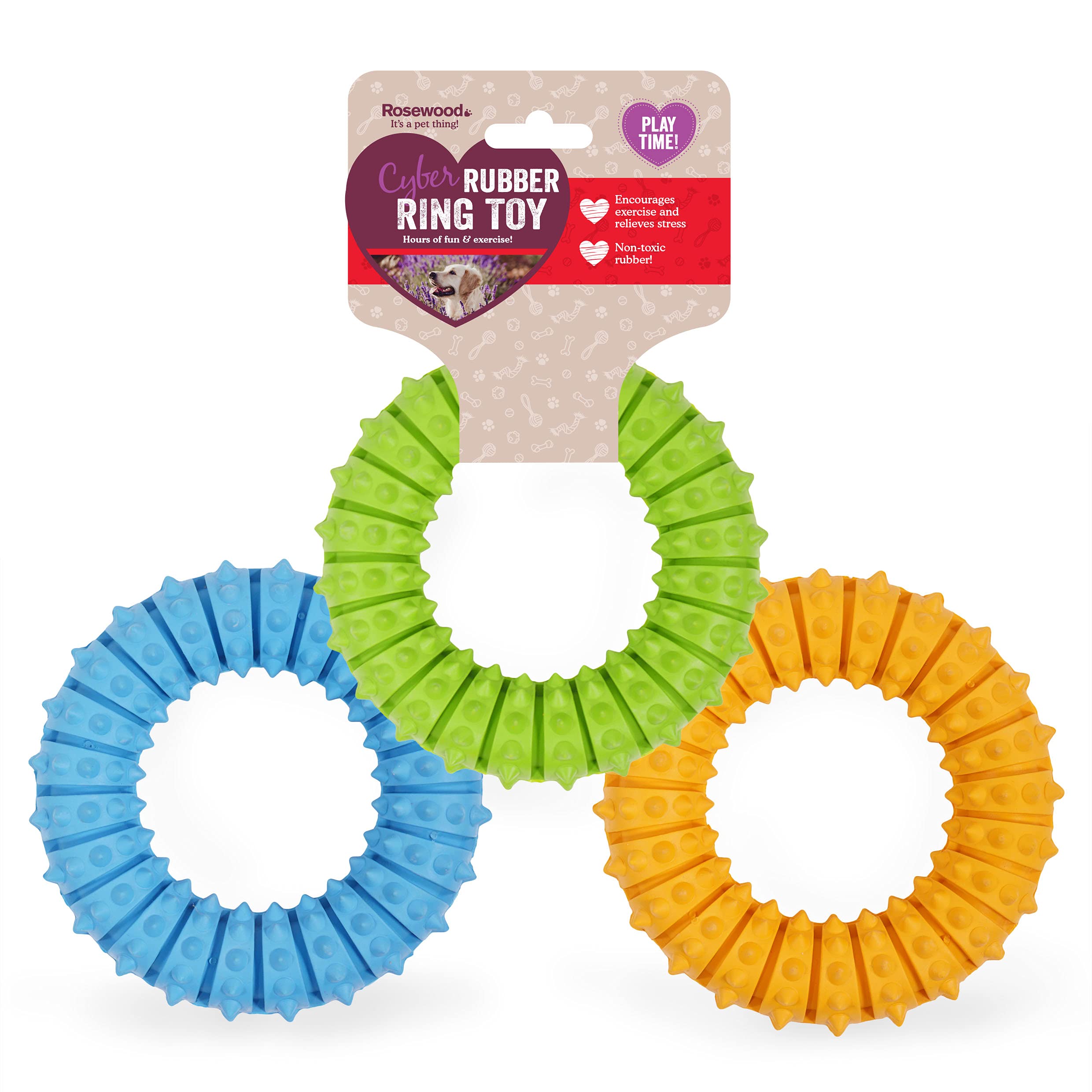 Rosewood Cyber Rubber Dental Ring for Dogs - Tough, Chew-Resistant Interactive Dog Toy for Chewing, Fetch and Play - Non-Toxic Rubber - Suitable for Adult Dogs and Puppies - Assorted Colours (1pc)