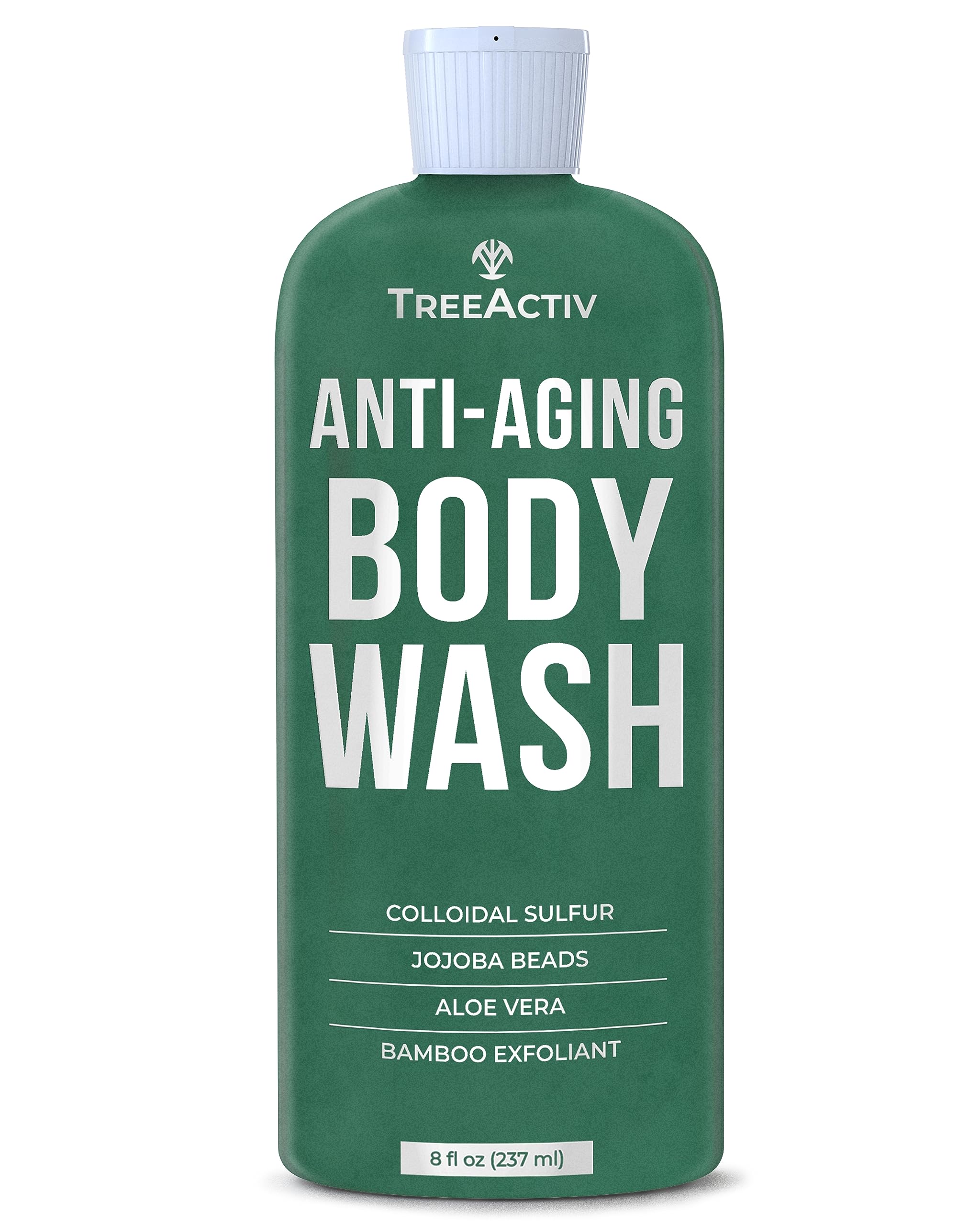 TreeActiv Anti-Aging Exfoliating Body Wash, 8oz, All Natural Body Wash Women and Men, Exfoliating Body scrub Infused with Jojoba Beads, Sulfur, and Aloe Vera - Shower Gel For All Skin Types - 50 Uses