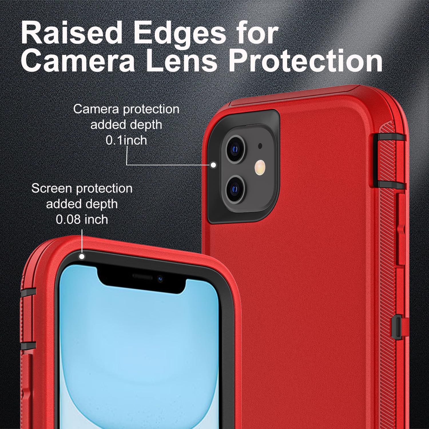 for iPhone 11 Case, Military Grade 3 in 1 Heavy Duty Shockproof/Drop Proof/Dust Proof Case with 2Pcs Tempered Glass Screen Protector (Red/Black)