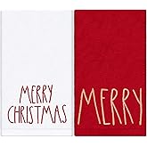 JarThenaAMCS 2 Pack Merry Christmas Hand Towel Cotton Embroidered Red White Bathroom Towel Xmas Winter Dish Towel for Hand Drying Cleaning Cooking, 29.5 x 13.7 Inch