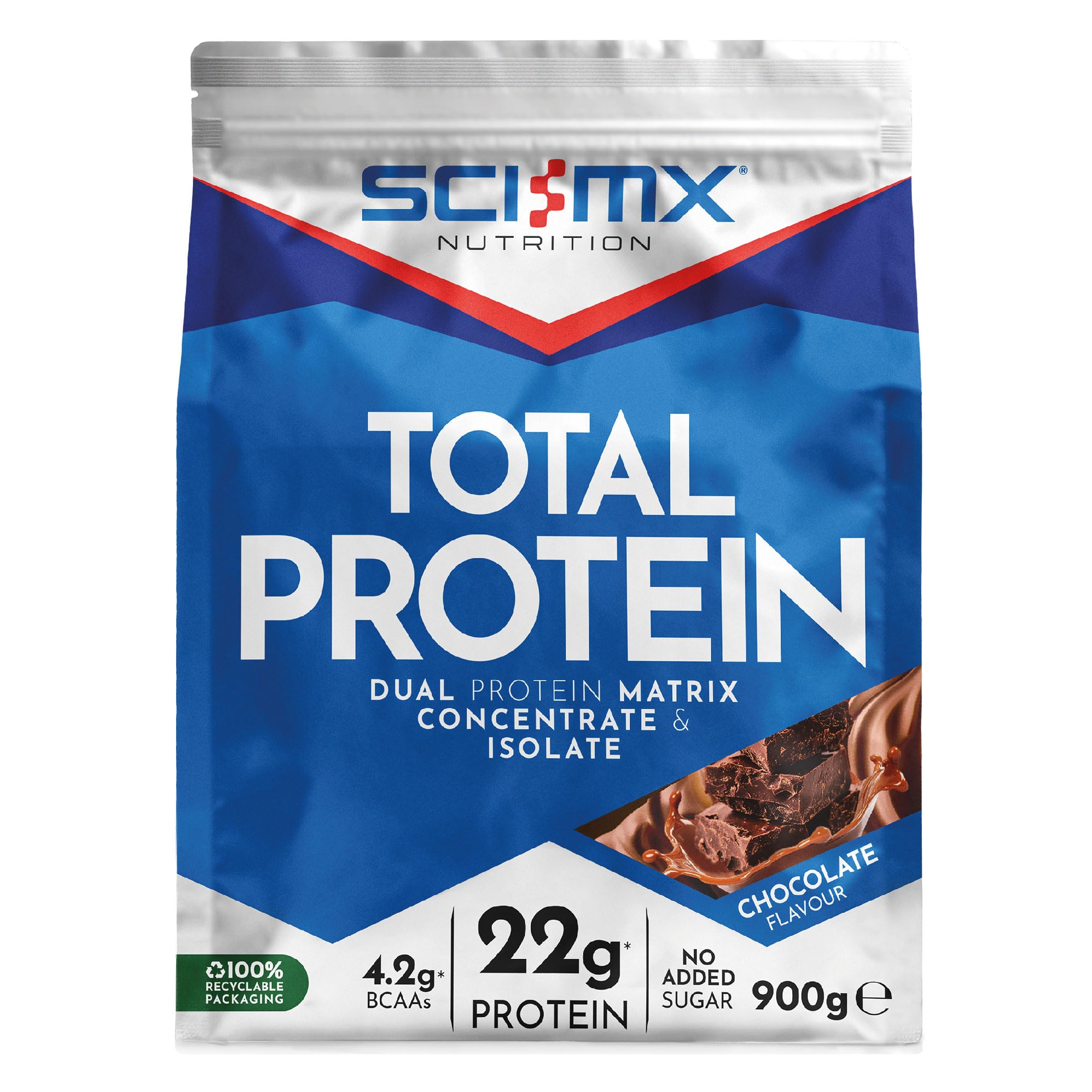 SCI-MX Total Protein - Dual Concentrate & Isolate Powder - Lean Muscle Development - Chocolate • No Added Sugar • 4.2g BCAAs • 900g