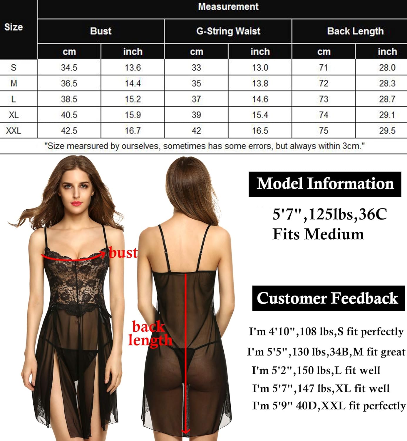 Avidlove Women Lace Lingerie Babydoll Dress Strap Chemise Sleepwear Sexy Nighty S-XXL: Clothing