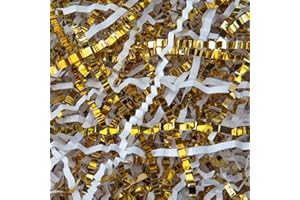 Caleihd Crinkle Cut Paper Shred Filler 5.3OZ Gold&White Metallic Paper Gift Boxes Filler Gift Wrapping Gift Basket Filler for Gift Wrapping & Basket Filling