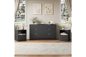 NOVAMAISON 6 Drawer Dresser & Nightstand Set 3-Piece, 55” Wide Bedroom Set Night Stand Set of 2 with Metal Handle, Fluted Modern Wood Chest of Drawers Storage Dressers Set for Bedroom, Black