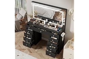 Otterease Vanity Desk with Mirror and Lights, 11 Drawers Makeup Vanity Desk with Tempered Glass top, 3 Lighting Modes Adjustable Brightness, Black Vanity with Magnetic 5X Magnifier for Bedroom