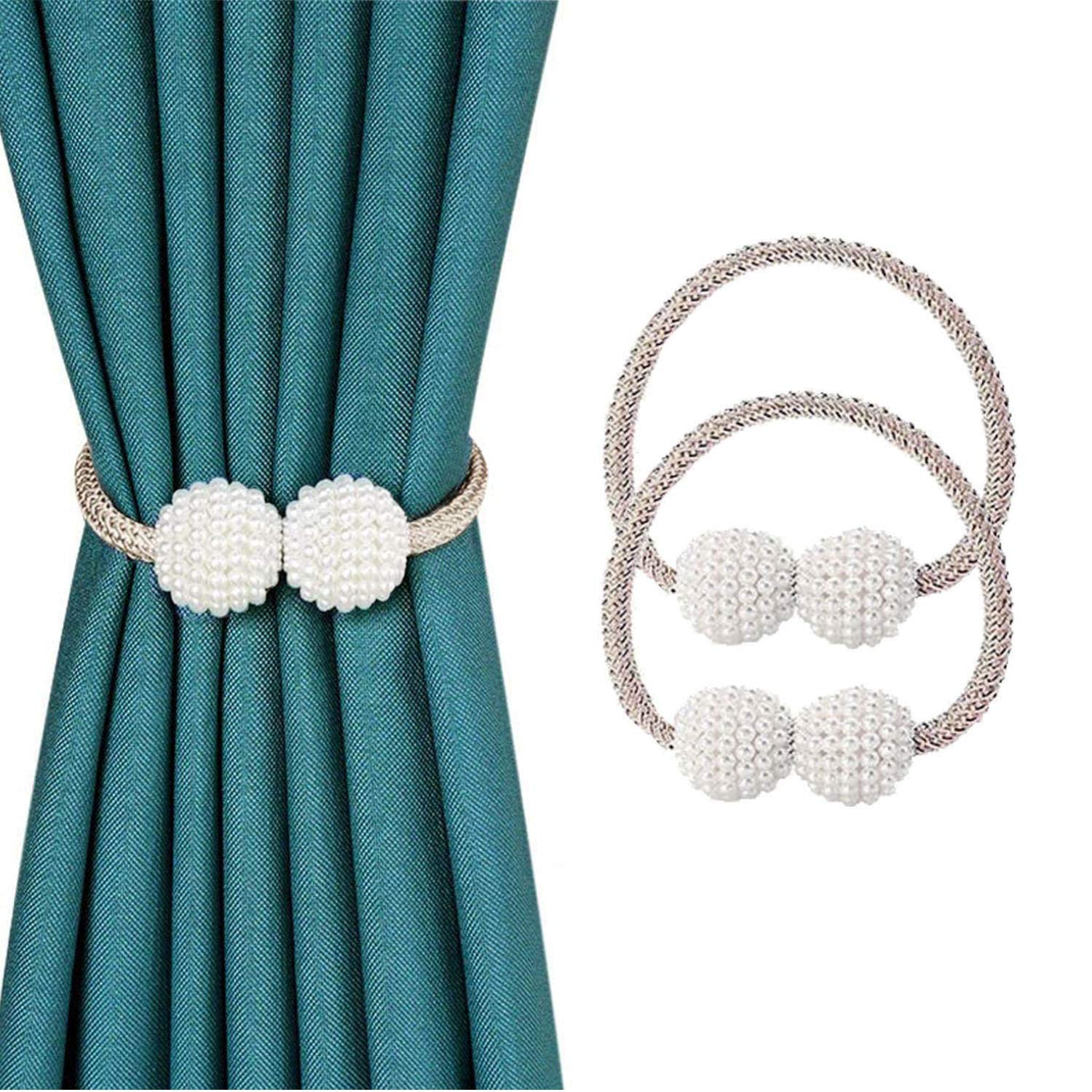 SUOXU Curtain Tiebacks,2 Pieces Magnetic Curtain Tiebacks Pearl Ball Curtain Clips Rope Holdbacks Curtain Weaving Holder Buckles For Home Office Decorative (Beige)