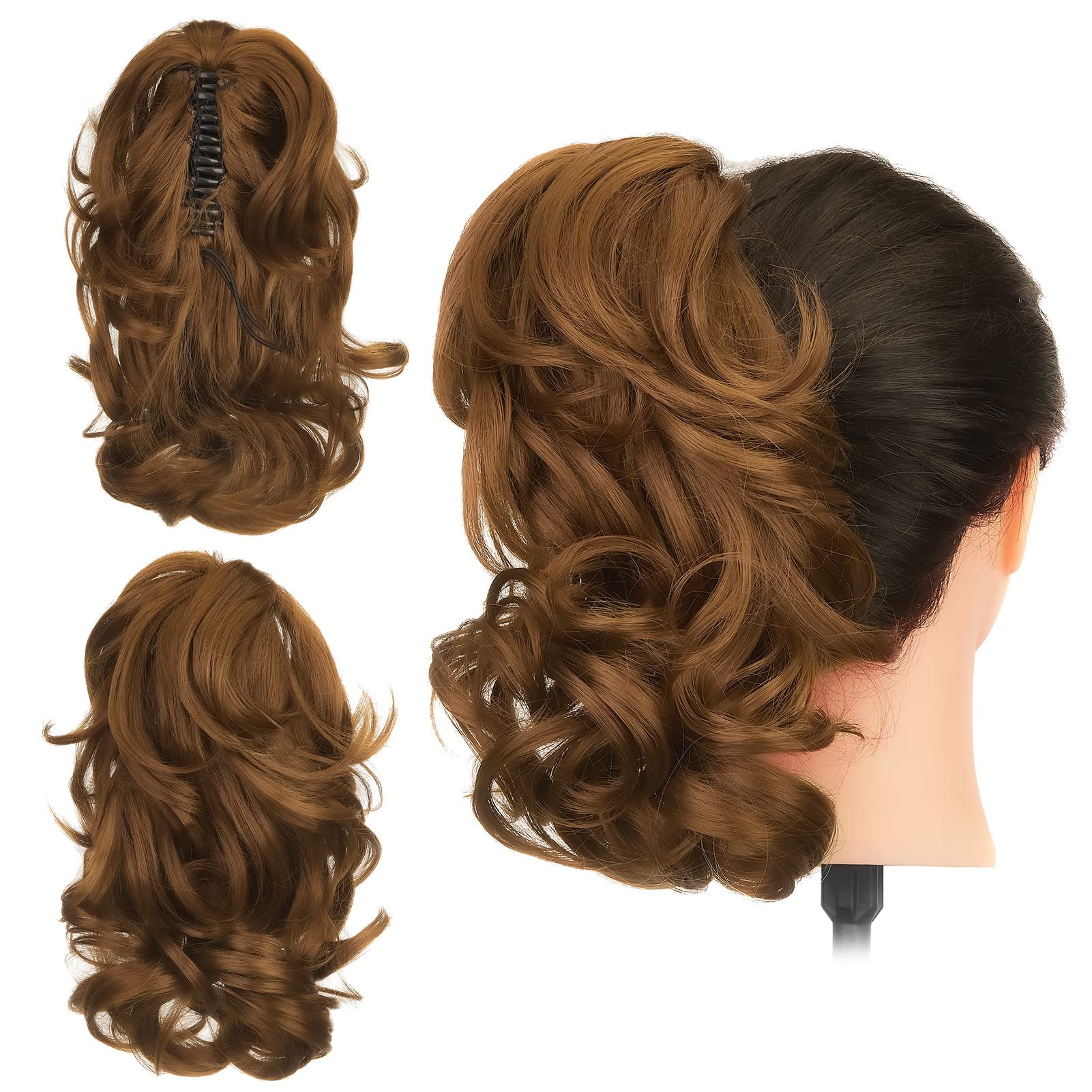 Gairyan 12" Clip in Ponytail Hair Extensions Curly Ponytail Extension Claw on Pony tails Wavy Synthetic Hairpieces for Women Real Look Short Wave (Light Auburn)