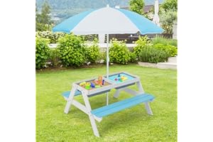 KOTEK Kids Picnic Table, 3 in 1 Sand and Water Table w/Detachable Tabletop, 2 Removable Play Boxes, Foldable & Height Adjustable Umbrella, Wood Sensory Table and Bench for Outdoors, Indoors (Blue)