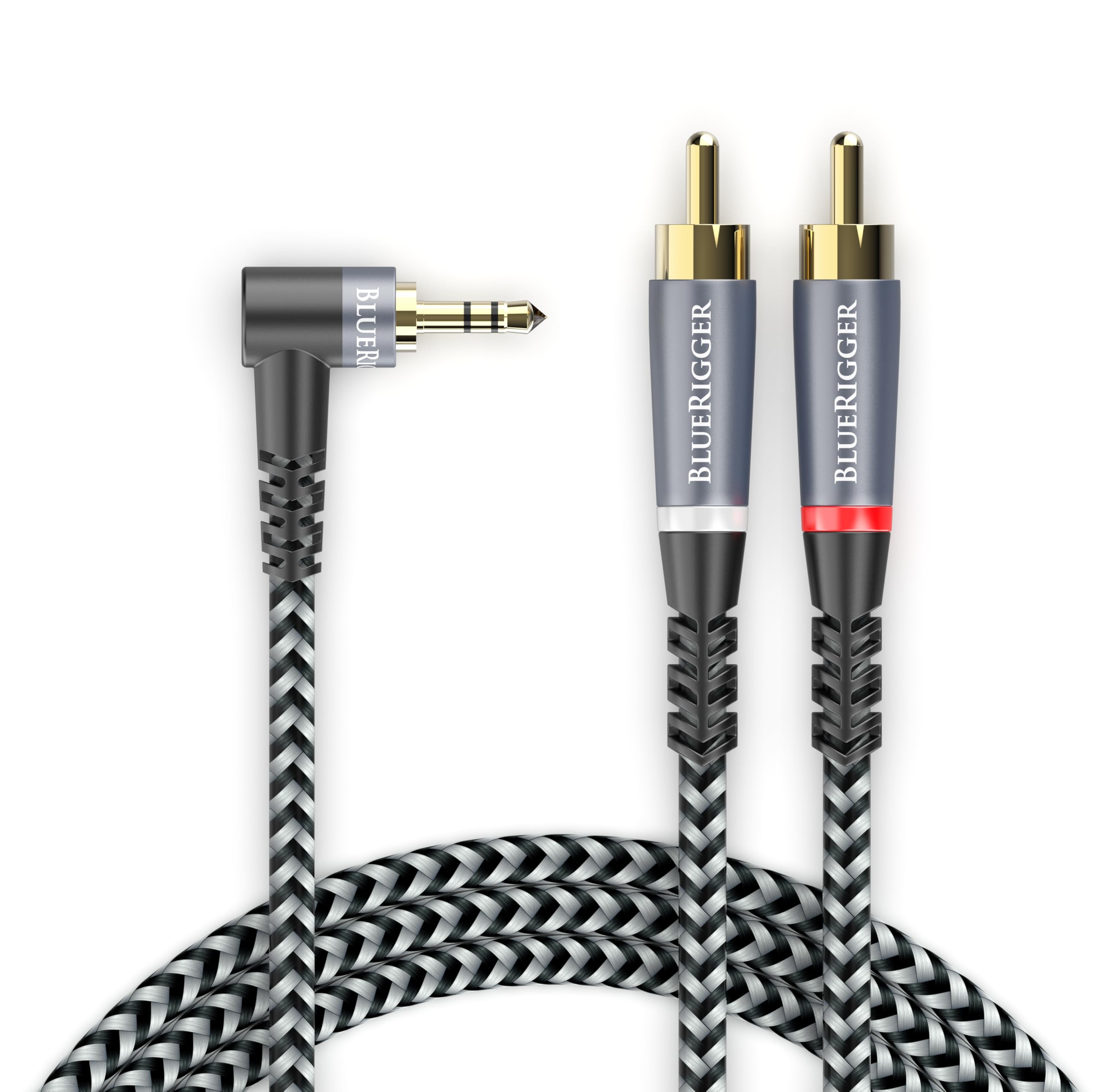 Photo 1 of BlueRigger 3.5mm Aux to 2RCA Audio Cable (15FT, 90D Stereo Splitter Y 2RCA Male, Braided, 1/8" RightAngled TRS to RCA, Hi-Fi Sound, Metal Shell) - for Phones, Amplifiers, Tablets, Home Theater, HDTV