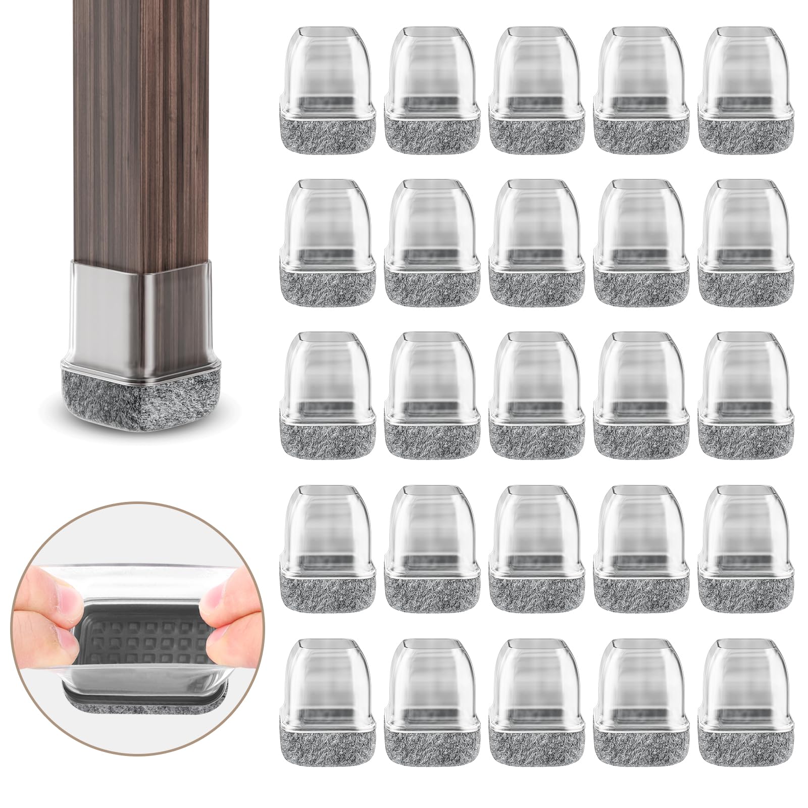 RCHYFEED 24PCS Silicone Chair Leg Floor Protectors 14-19 mm, Transparent Furniture Leg Caps Cups with Grey Felt Pads for Protecting Hardwood Floors from Scratches, Furniture Sliders Table Leg Cover