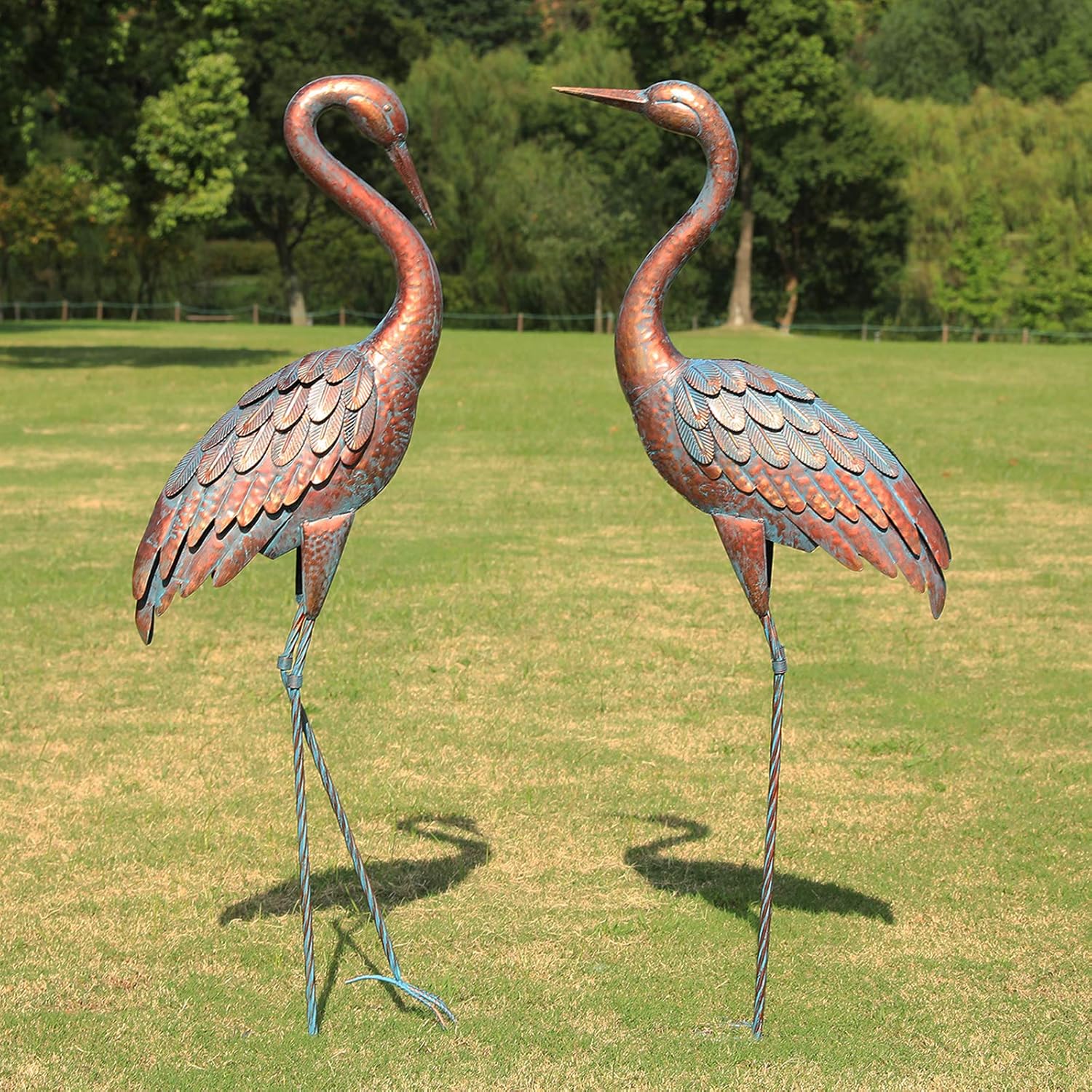 Kircust Garden Crane Statues Patina Heron Decoy, Standing Metal Crane Sculptures Bird Yard Art for Outdoor Decor, Set of 2: Home & Kitchen