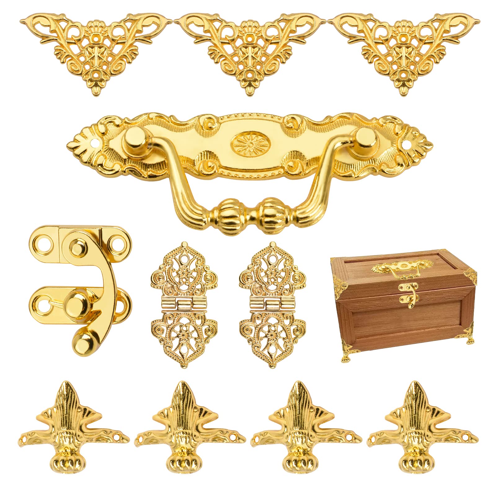 MOROBOR Gold Jewelry Box with Antique Lock, Latch, Hasp, Hinges, Handle, Corner Protectors Kit for DIY Wood Case Chest Storage Box Feet Leg Corner Protector Set