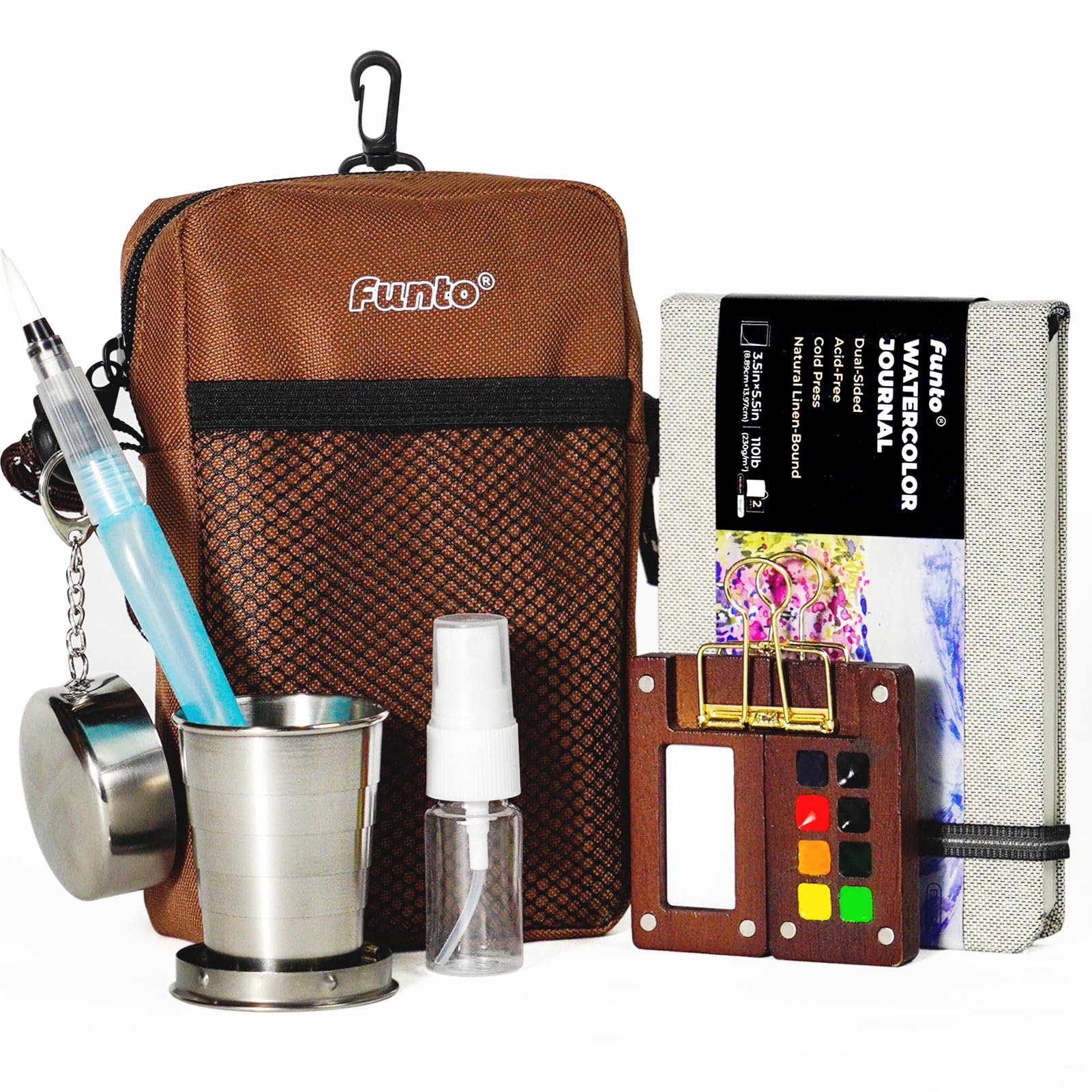 Funto Mini Watercolour Paint Set, All-In-One Walnut Wood 8-Colour Premium Pocket Travel Paint Kit, with Crossbody Bag, Watercolour Journal, Metal Clip, Paint Water Cup,Water Brush — image 1