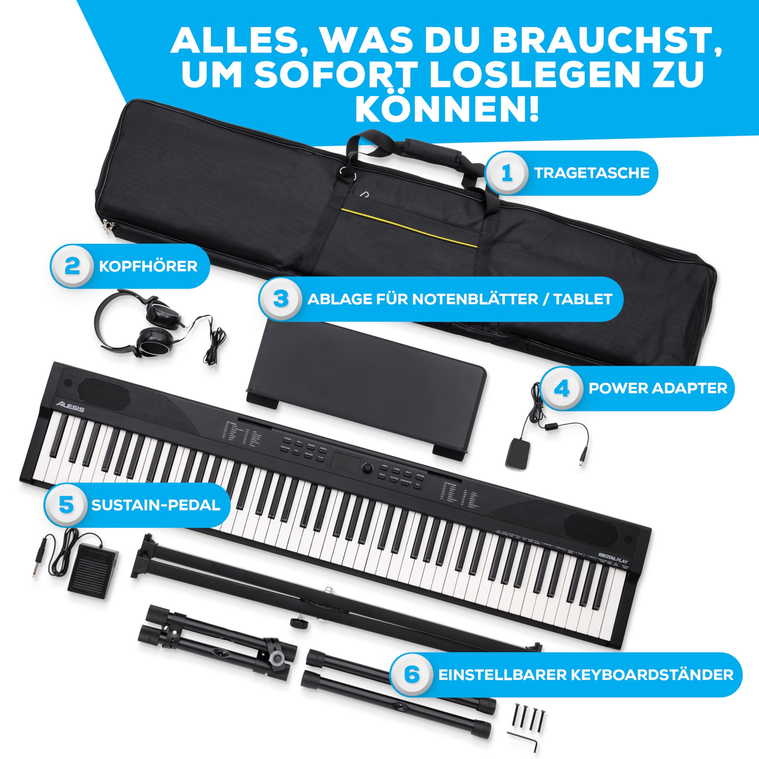 Alesis Keyboard Electric Piano with 88 Keys, 480 Sounds, Speakers, USB MIDI, Carry Case, Stand, Headphones, Pedal and Piano Lessons for Beginners (English Language Not Guaranteed]