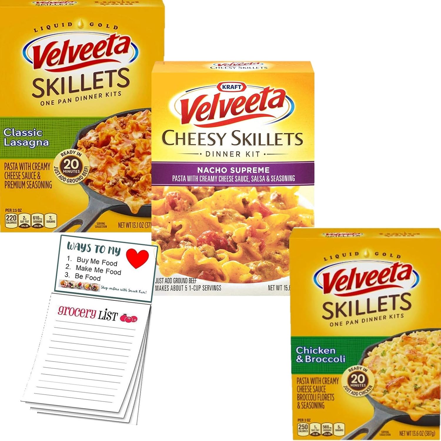 Velveeta Skillets Variety pack of 3 | Kraft Box Dinner Variety Pack | Chicken & Broccoli | Classic Lasagna | Nacho Supreme | Snack Fun Shopping Pad