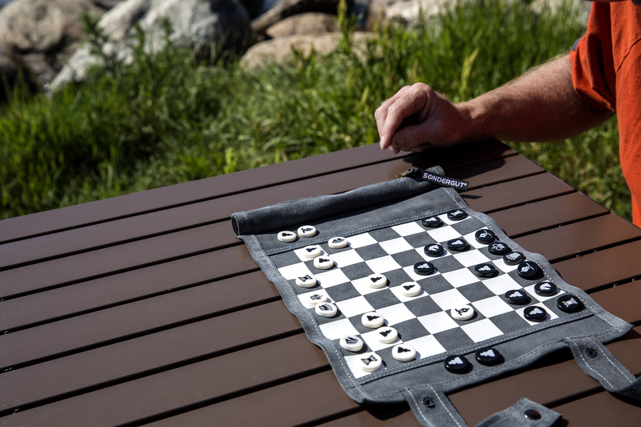 Sondergut Roll-Up Portable Suede Travel Chess & Checkers Game Set - Compact Perfect for RV Adventure Travel, Cruise, Airplane, Camping, Backpacking, Road Trips, and More.