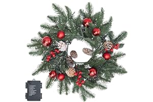 NOICLUB 20 Inch Christmas Wreath with 50 Lights Timer (Battery Not Included) Small Christmas Wreaths for Front Door with Pine Cones Berries Red Balls Christmas Door Wreath Indoor Outdoor Wall Decoration