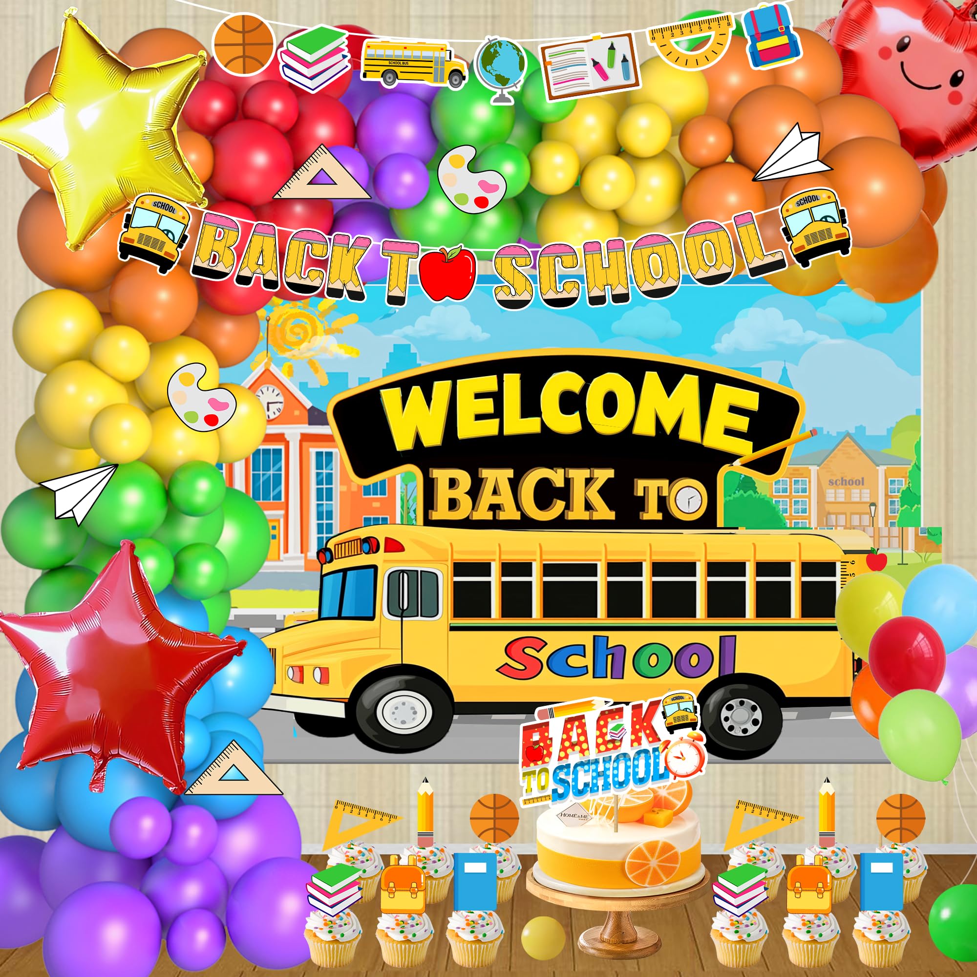 Photo 1 of 199pcs Welcome Back to School Party Decorations, School Bus Pencil Bag Classroom Balloon Garland Arch Kit, First Day of School Party Supplies Backdrop Banner Cake Cupcake Topper Cutout for School