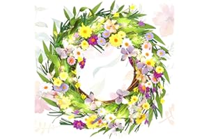 Janinka Spring Wreath for Front Door with Lights 20 Inch Summer Hawaii Flower Wreath Fake Daisy Floral and Lavender Door Wreath for Home Wall Farmhouse Outdoor Party Decor(Yellow Purple Spring)