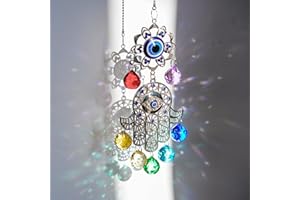 YU FENG Hamsa Hand with Blue Evil Eye Protection Hanging Crystal Ornament with Chakra Energy Crystal Balls