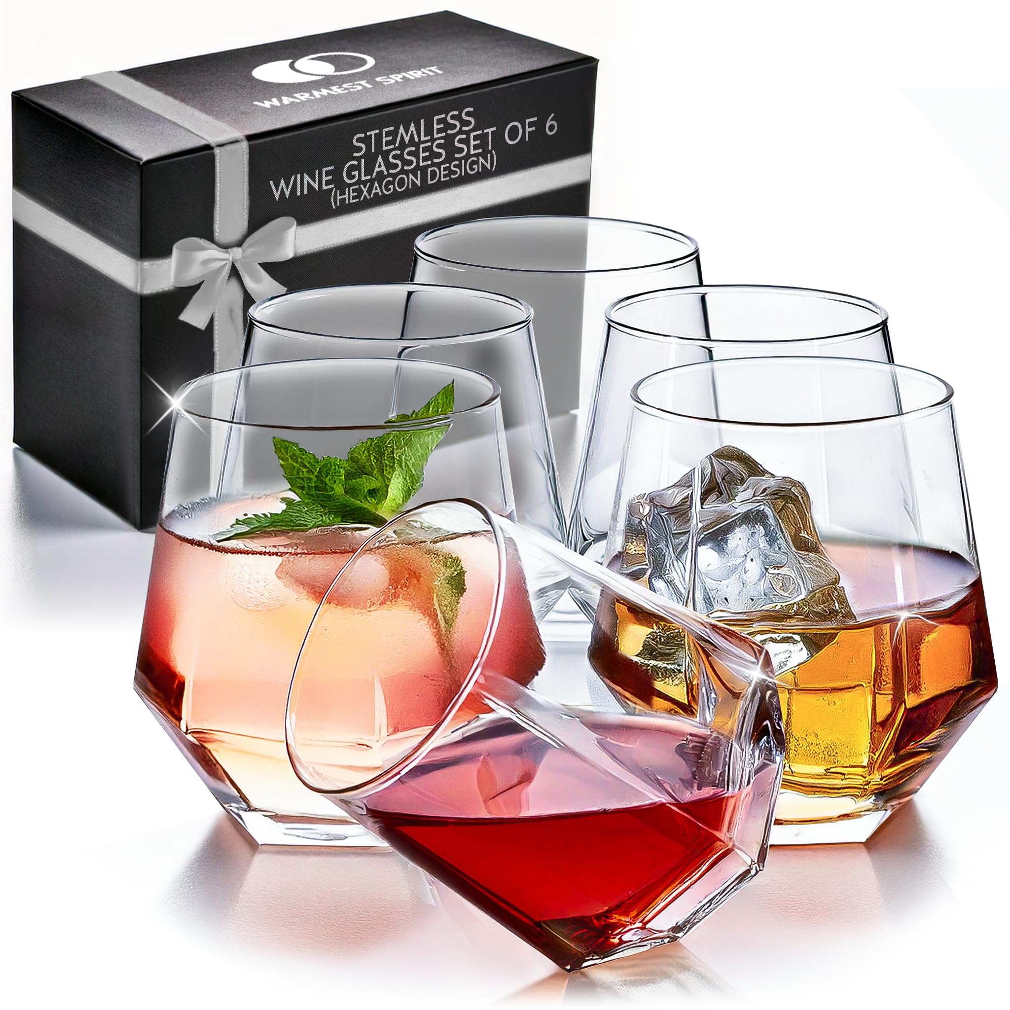 Photo 1 of Hexagon Stemless Wine Glasses Set of 6 – Elegant 10.5 oz, Durable, Dishwasher Safe, Spill-Proof Design, Perfect for Wine, Cocktails, Whiskey, Everyday Use, Dinner Parties, and Entertaining, Giftable