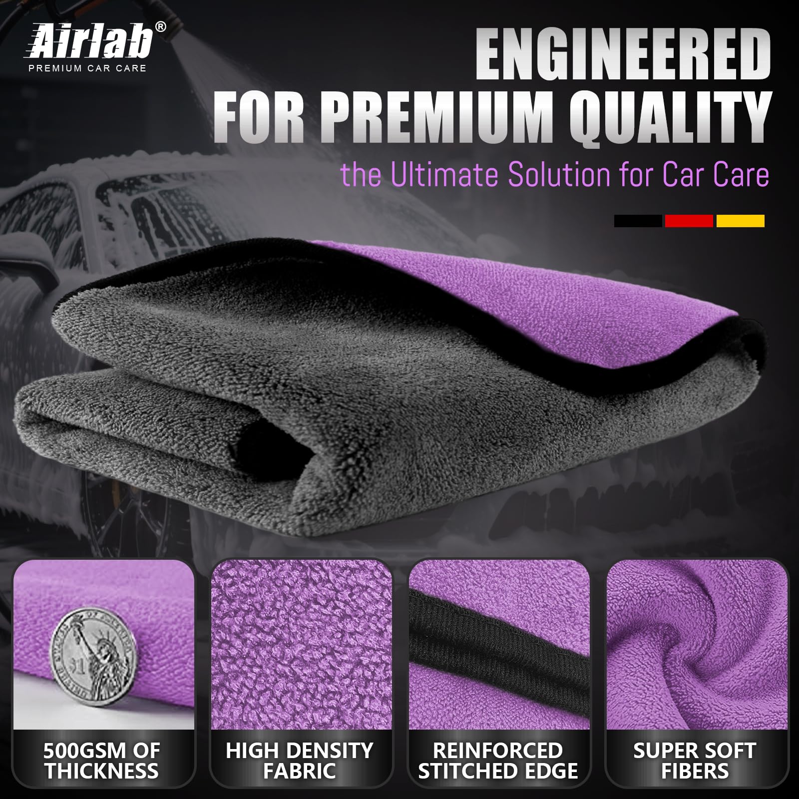 Airlab XXL Trockentuch Auto Mikrofasertücher 90X60 cm, Poliertücher Auto Tuch Zum Trocknen, Großes Microfasertuch für Autopflege, Saugstark & Lackschonend, Lila & Grau, 500 GSM 3