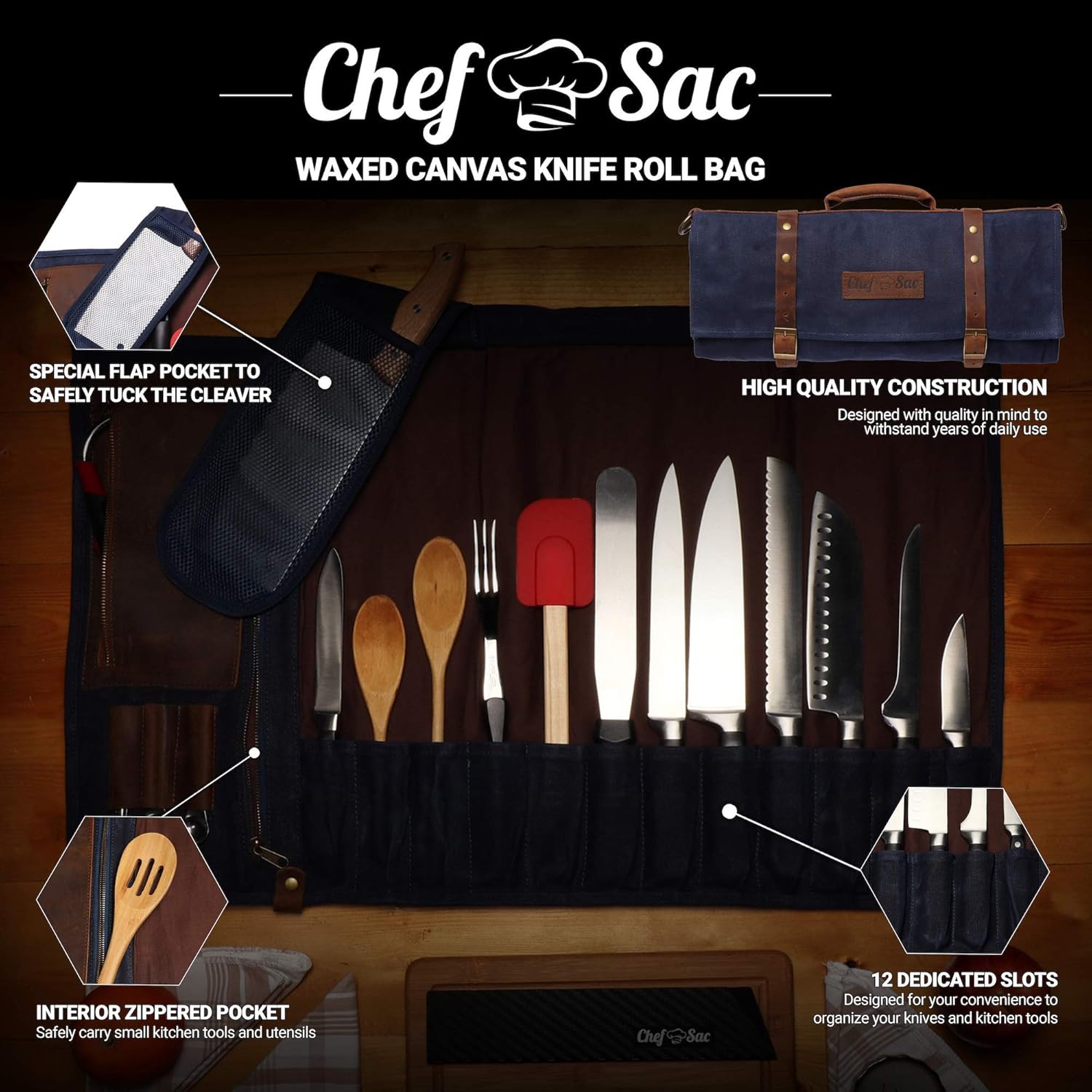 Chef Knife Bag Waxed Canvas Knife Roll Bag | 22 Pockets for Knives & Kitchen Tools | Special Slot for Cleaver | Waterproof Material | Knife Organizer | Knife Case for Chefs & Culinary Students (Blue): Kitchen & Dining