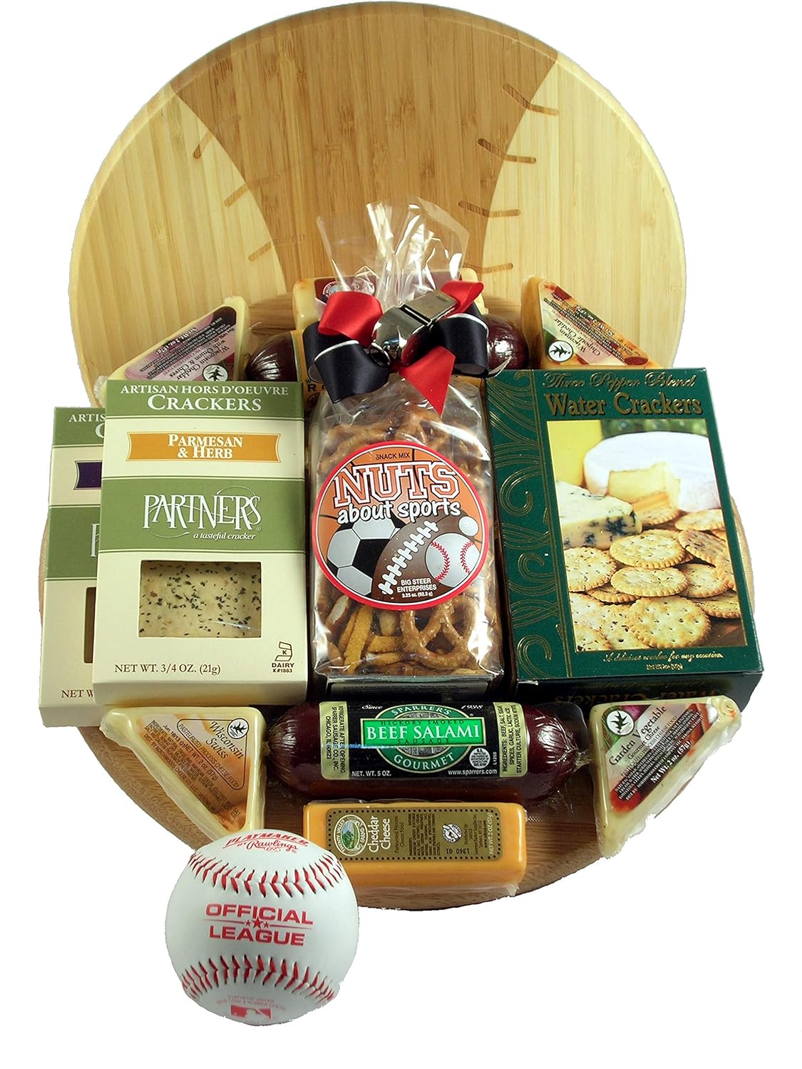 Grand Slam - Baseball Cutting Board Gift Basket With Meat and Cheese On Deluxe Baseball Cutting Board
