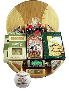 Grand Slam - Baseball Cutting Board Gift Basket With Meat and Cheese On Deluxe Baseball Cutting Board
