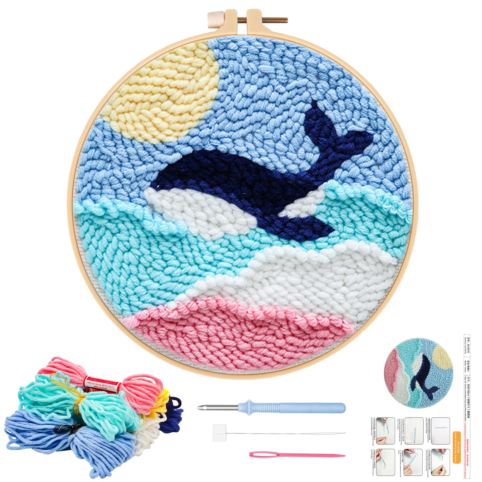 JSRQT Punch Needle Kit DIY Punch Needle Kits for Adults Beginners Embroidery Starter Handcraft DIY Craft Hoop Kids with Instructions Whale Pattern