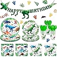 169 Pcs Watercolor Dinosaur Party Supplies Dinosaur Theme Birthday Party Decoration Includes Banner Plates Cups Napkins Knives Forks Spoons Tableware for Boys Birthday, Serves 24 Guests