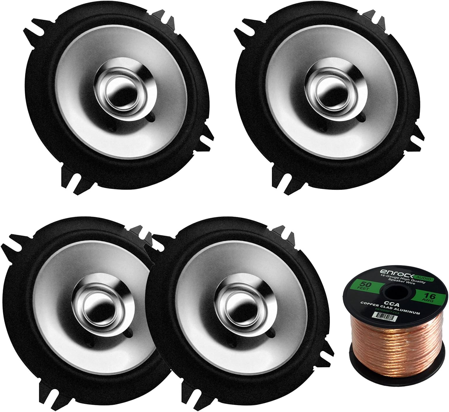 2 Pairs Car Speaker Package of 4X Kenwood KFC-C1355S 5 1/4" 250-Watt Sport Series Flush Mount Black Car Coaxial Speakers - Bundle Combo with Enrock 16g 50 Ft Speaker Wire