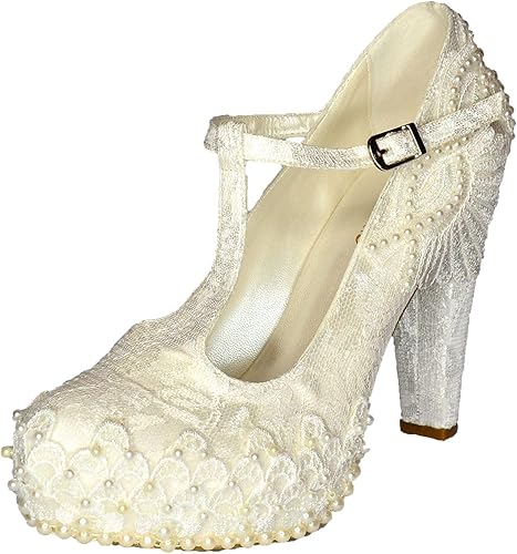 Ladies Bridal High Heel T Bar Shoes Lace Pearls Embellished