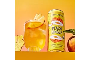 wildwonder Sparkling Probiotic Juice Drink w/Gut Health Immunity, Digestion Support, 5g Fiber, Live Probiotics, Caffeine Free, Organic, Vegan, Low Sugar, 12pk 12oz Peach Ginger, As Seen on Shark Tank