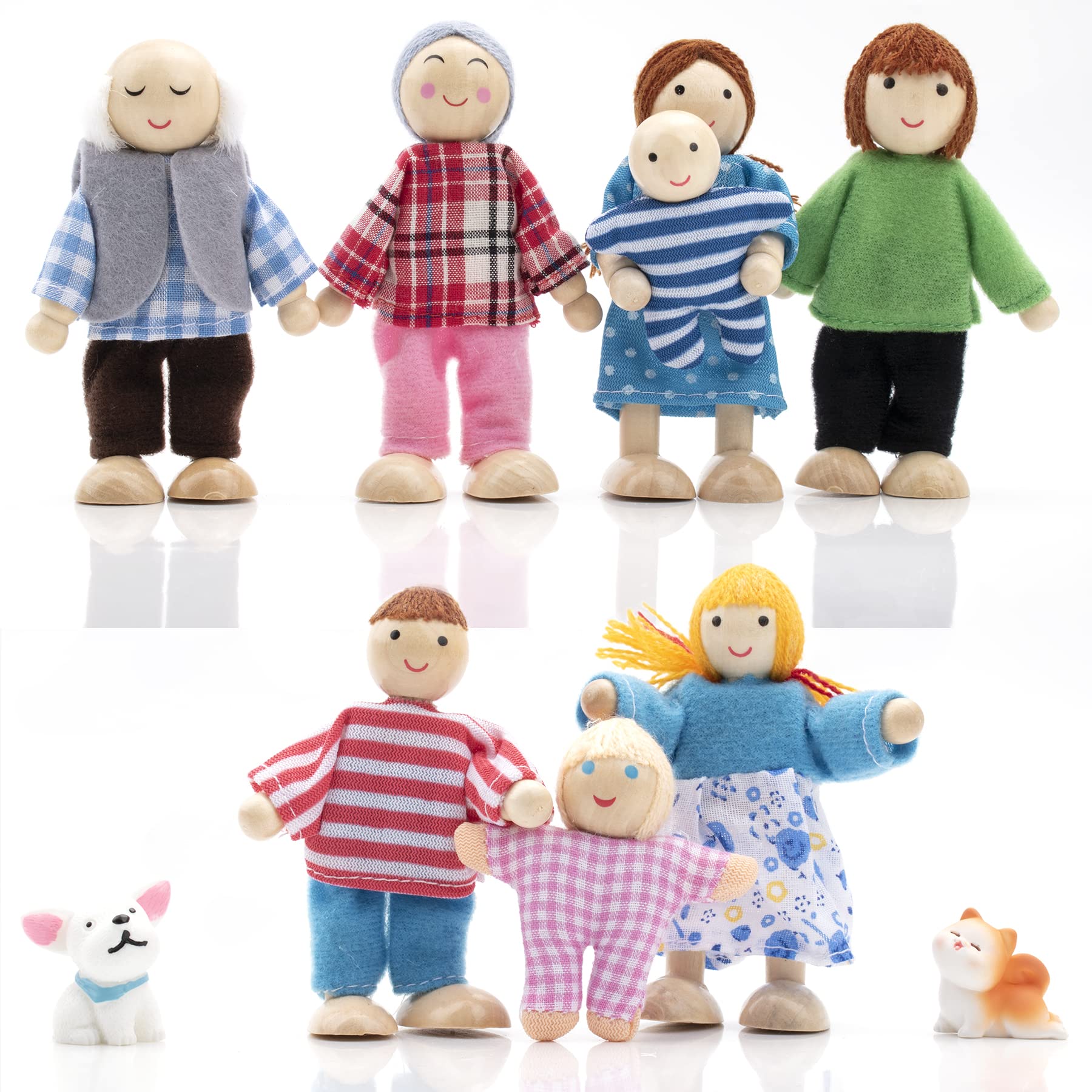 Wooden Dollhouse People Family Set with Cat and Dog, Dolls House Figures for Pretend Dollhouse Accessories Gift
