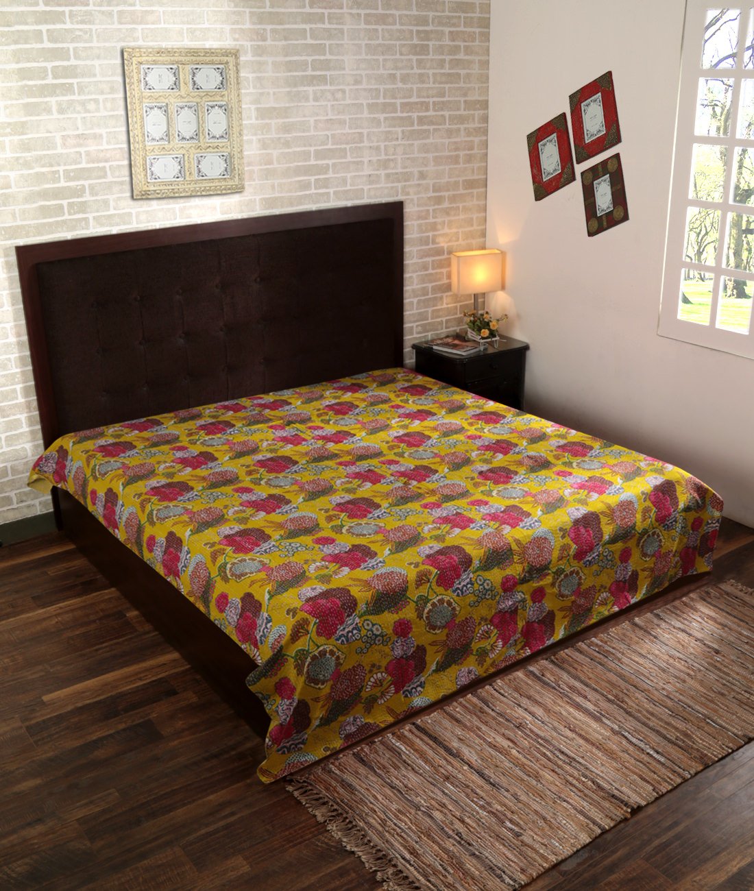 Rajrang BST02321 Fruit Prt with Kantha Green Cotton Bedspread