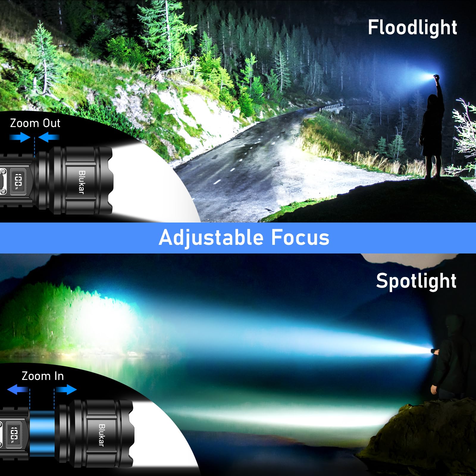 Blukar Taschenlampe LED Aufladbar, Extrem Hell Hohe Helligkeit Taschenlampen Zoombare Handlampe mit 5 Lichtmodi, IP67 Wasserdicht Flashlight Torch für Camping, Outdoor, Notfäll 3