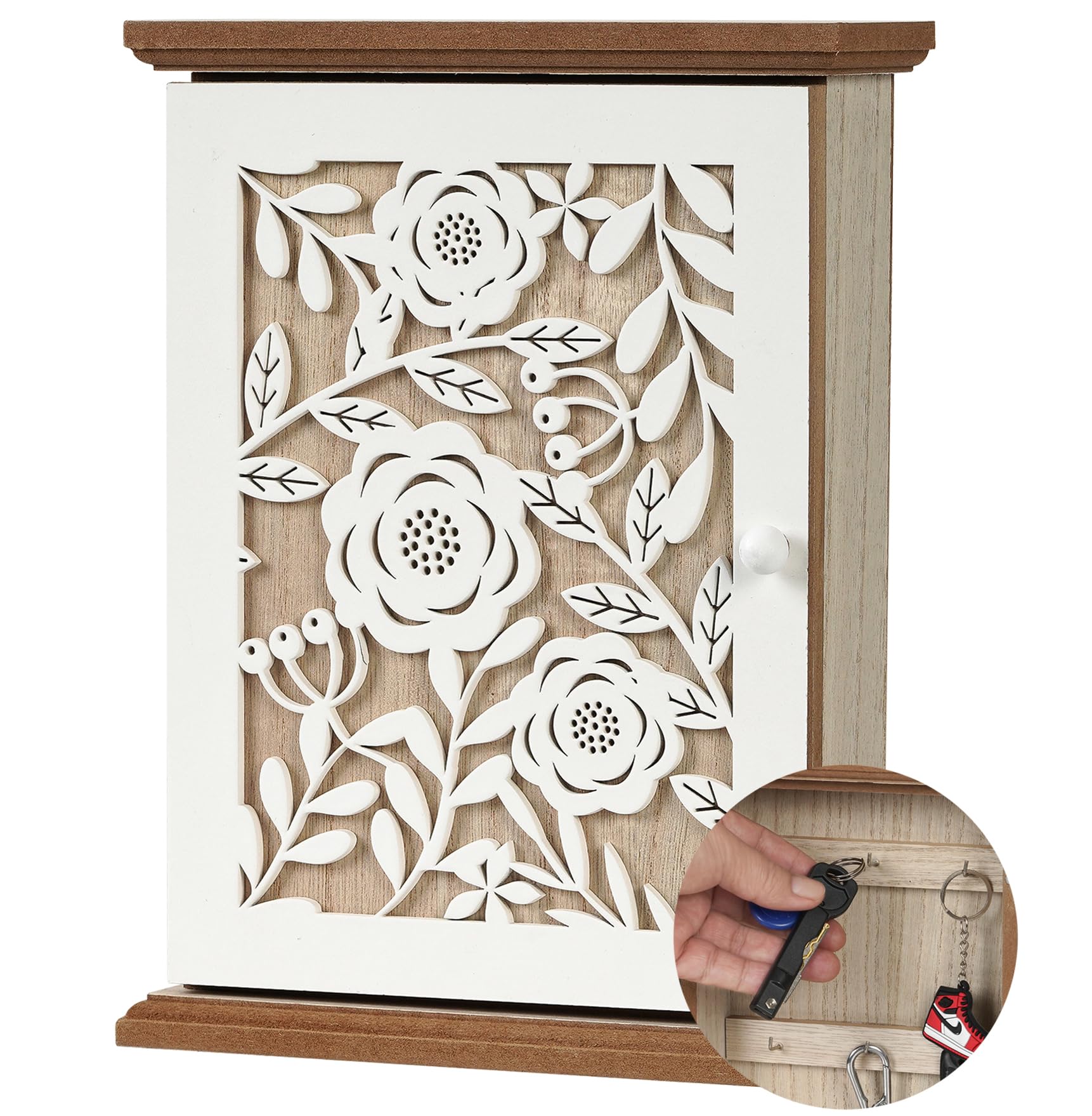 QILICZ Wooden Key Holder, Decorative Wall Mount, Farmhouse Style, 6 Key Hooks, White