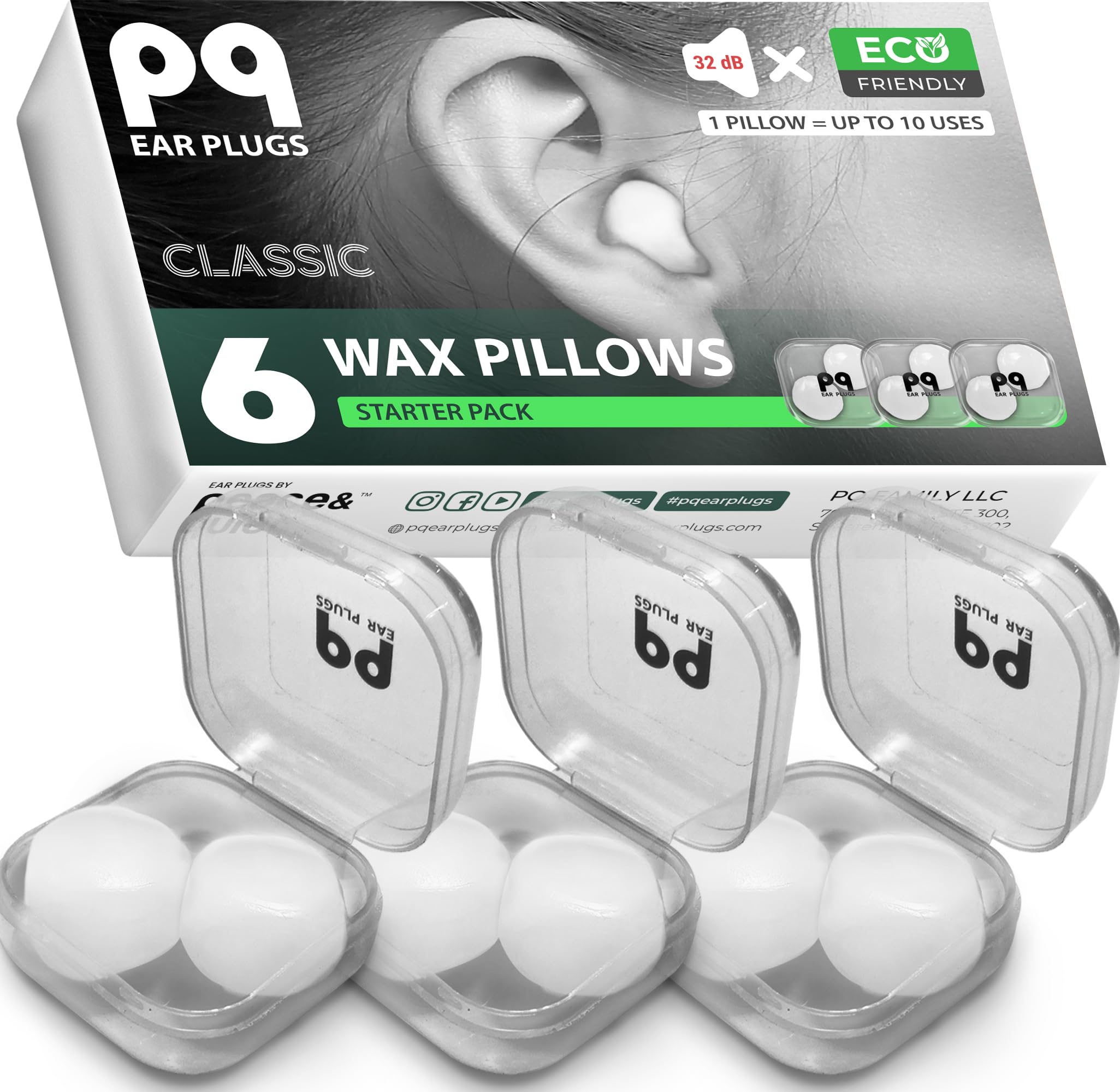 PQ Wax Ear Plugs for Sleep - 6 Silicone Wax Earplugs for Sleeping and Swimming - Gel Ear Plugs for Noise Cancelling, Ear Protection - Sleeping Earplugs with Sound Blocking 32 Db (6-Pillows). White