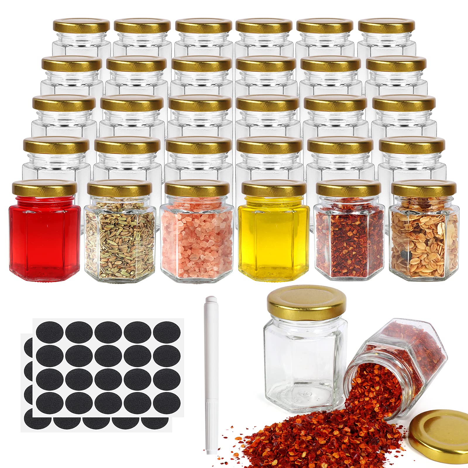 SHiZAK 30 Pack 3oz Hexagonal Glass Jars with Gold Lids, 90ml Clear Glass Canning Jars Honey Jars Spice Jars Mason Jars for Herb, Jams, Shower Favors, Wedding Favors, Craft, 1 Pen and Labels Included
