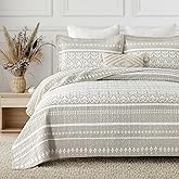 Qiqiong Boho Quilt Set King Size - Boho Striped Quilt Bedding Set - 100% Cotton Quilt Set with Shams 3 Piece - All-Season Lightweight Quilt Coverlet & Bedspread Set - Beige and White | Soft, Breathable