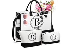 FLOE Personalized Mothers Day Gifts for Women, Initial Canvas Tote Bag & Makeup Bag Monogrammed Beach Tote Bag for Women w/Zipper, Birthday Gifts for Women Mom Her Girlfriend Wife Sister Friend Daughter