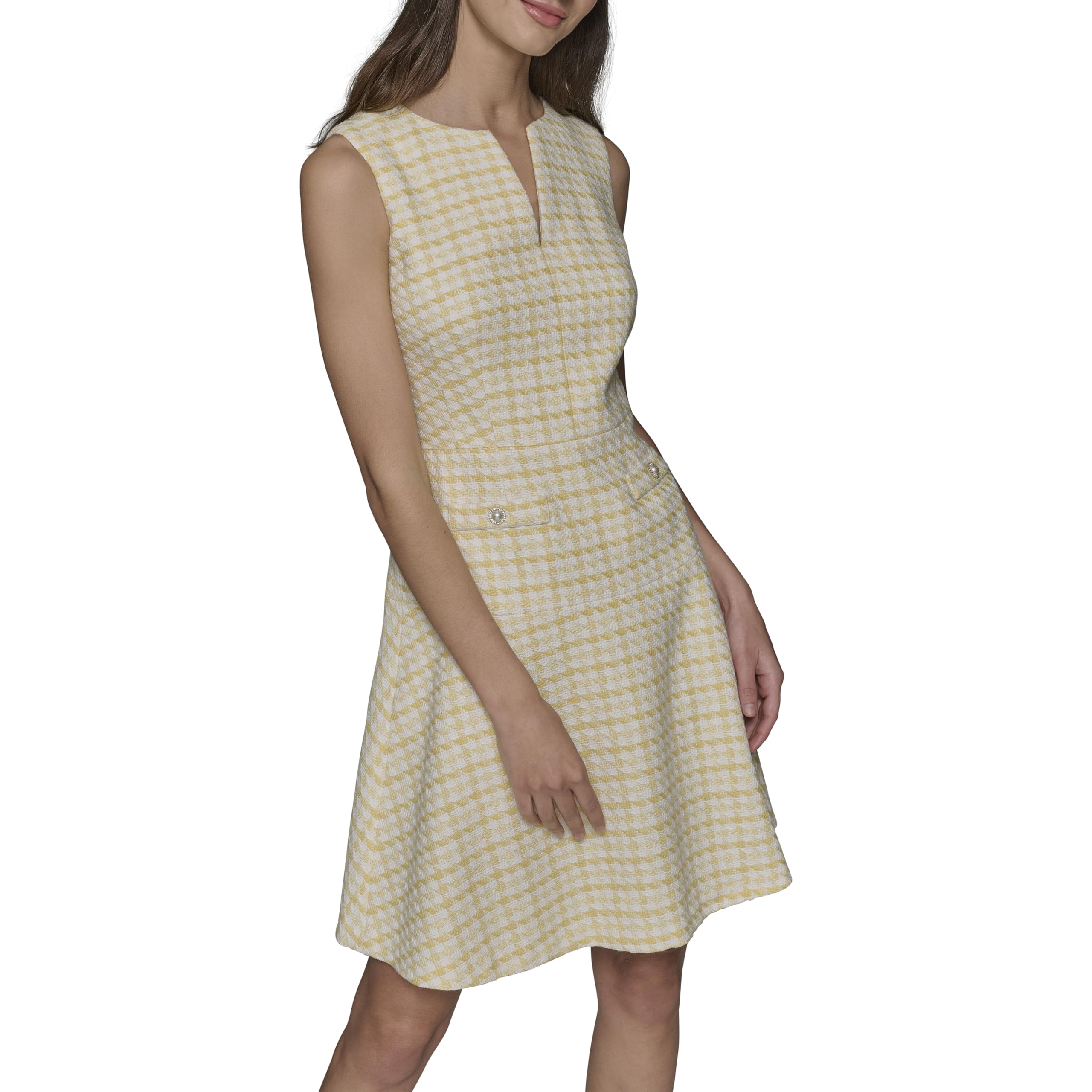 Photo 1 of Karl Lagerfeld Paris Women's Tweed Printed High Scoop Neck Aline Dress, Freesia Yellow/Soft White