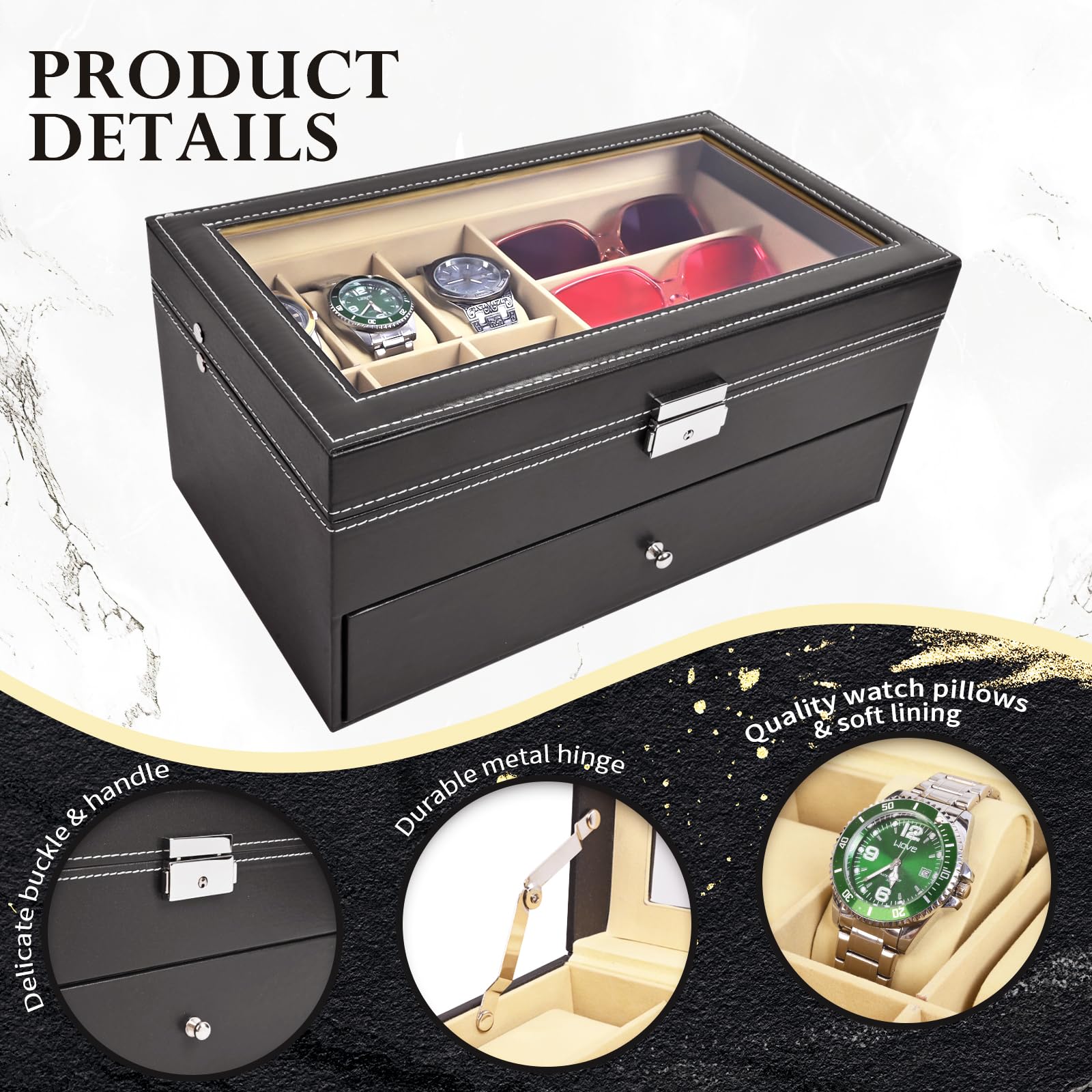 Vevitts 2 Layers 6 Slots Watch Boxes and 9 Pieces Eyeglasses Sunglasses Storage,Black Leather Watch Jewelry Eyeglasses Sunglasses Display Case Organizer for Women and Men