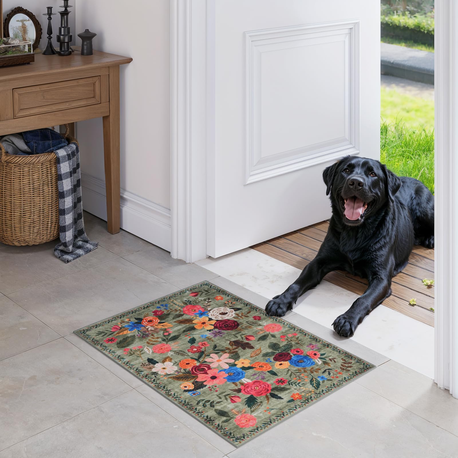 Photo 1 of Area Rugs 24x17 Inch Home Decor Entry Rug, Small Door Mat Bath Mats for Bathroom, Ultra-Thin Non Slip Floral Low Pile Tub Mat for Sink Shower Doorway Tub Kitchen Sink(2 x 1.4, Green Lawn)