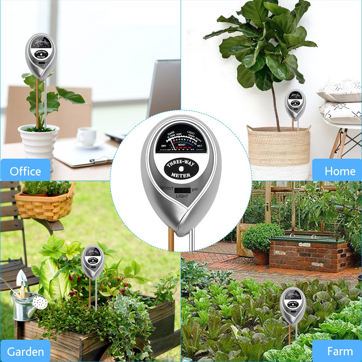 VDROL Soil PH Meter, 3 in 1 Soil Acidity Reader Light PH Moisture Meter Säuretester Pflanzenöltester Kit for Garden, Utilities, Agriculture, Indoor and Outdoor Use (No Battery Required)