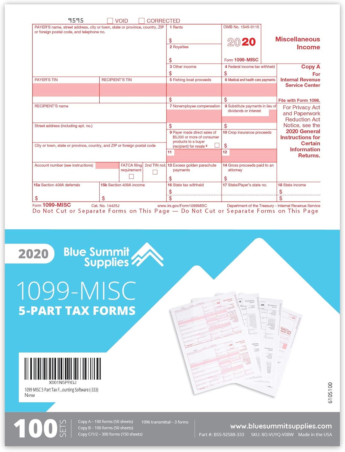 1099 MISC Forms 2020, 5 Part Tax Forms Bundle, 100 Vendor Kit of Laser Forms Designed for QuickBooks and Accounting Software : Office Products