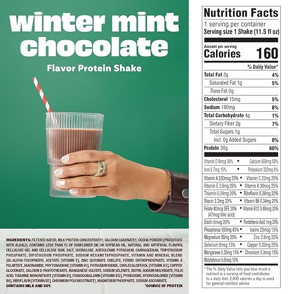 PREMIER PROTEIN SHAKE, LIMITED EDITION WINTER MINT CHOCOLATE, 30G PROTEIN, 1G SUGAR, 24 VITAMINS & MINERALS, NUTRIENTS TO SUPPORT IMMUNE HEALTH, 11.5 FL OZ, SINGLE BOTTLE