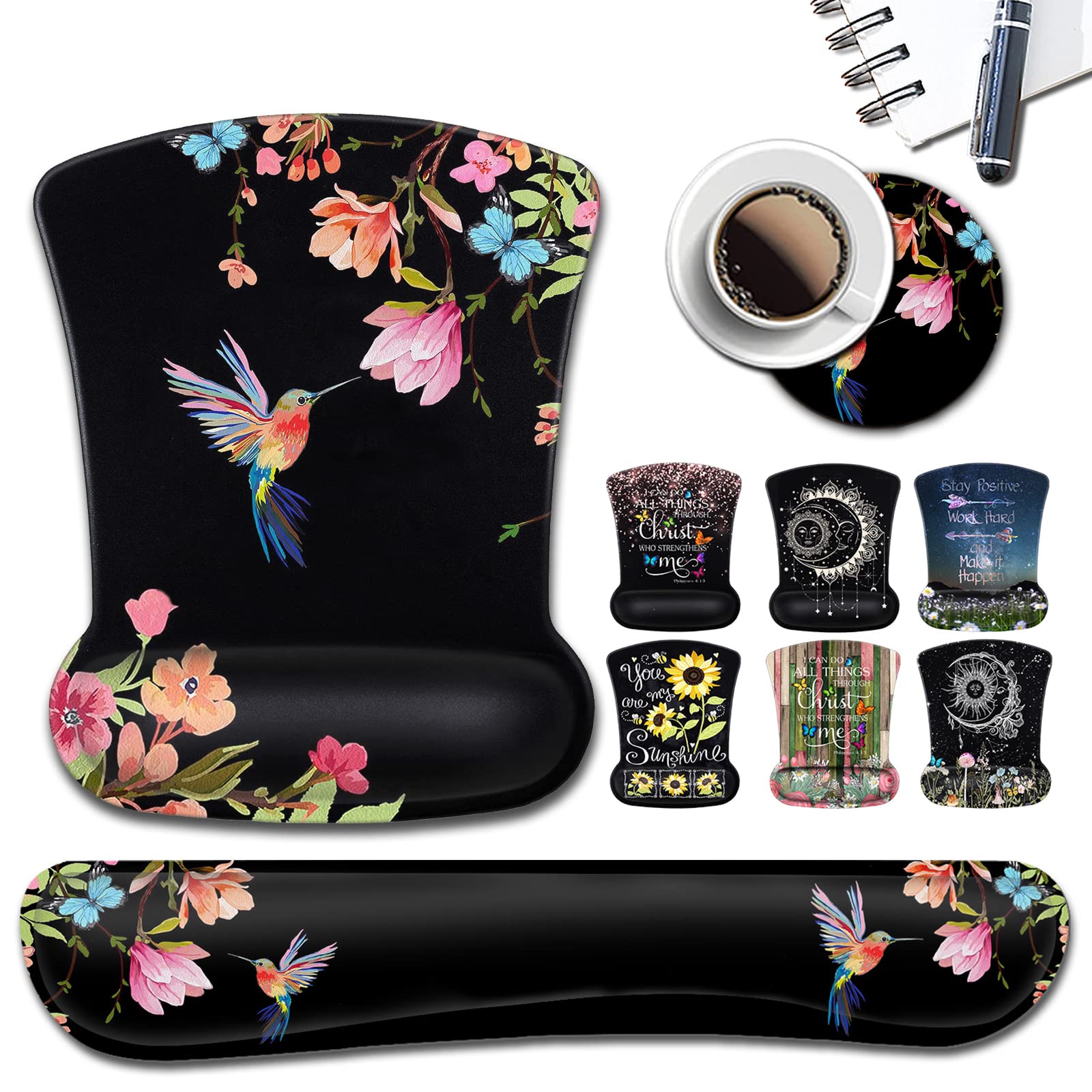 Photo 1 of Ergonomic Mouse Pad with Gel Wrist Rest Support, Gaming Mouse Pad with Cloth, Non-Slip PU Base for Computer, Home, Office, Memory Foam Keyboard Wrist Rest Support, Hummingbird Watercolor Flower